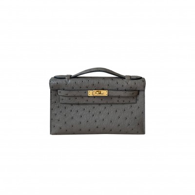 HERMÈS MASTER MINI KELLY GRAPHITE OSTRICH LEATHER SILVER BUCKLE (22*14*7cm) 
